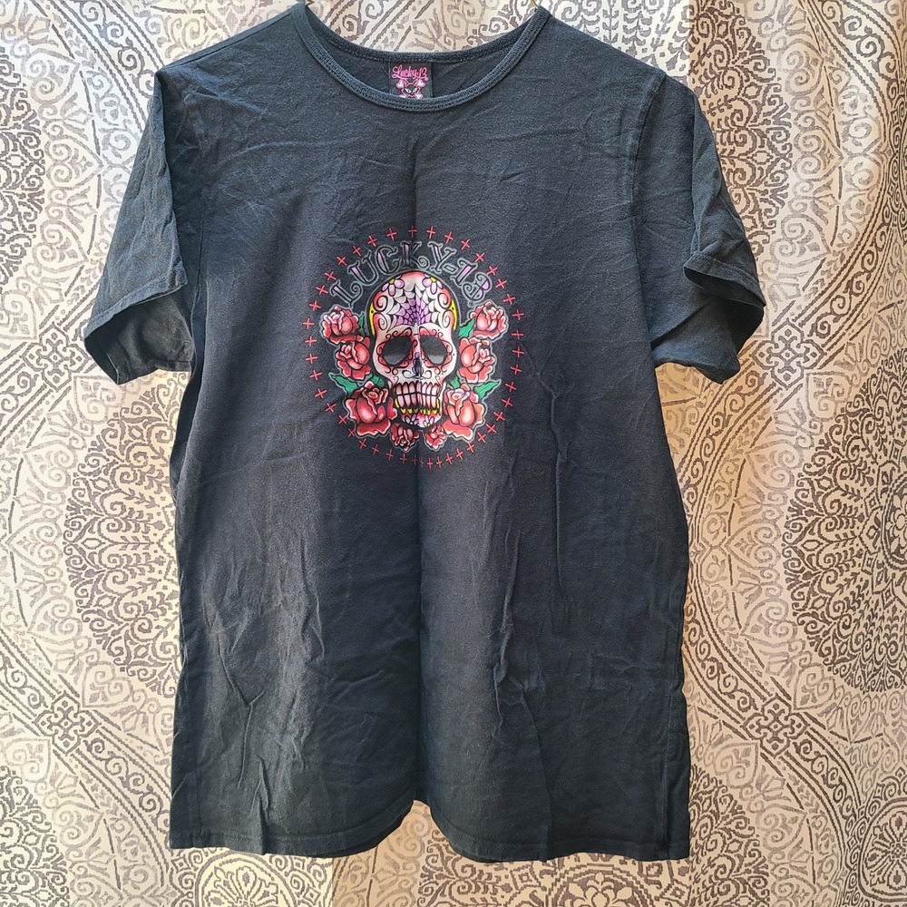 Lucky 13 T-Shirt Women Large Black Sugar Skull Rose Tattoo‎ Graphic Y2K USA Made